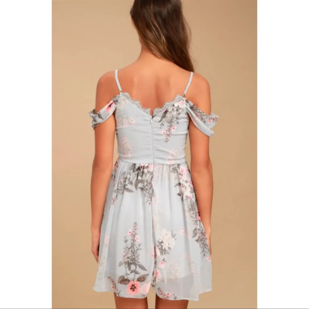 Lulu's Verona Off The Shoulder Dress Blue Floral size extra small - Picture 7 of 11